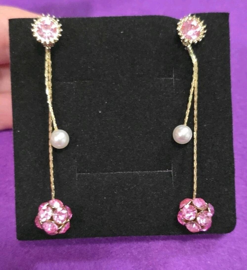Pink Rhinestone Crystal Ball Long Dangle Earrings White Faux Pearl Gold Tone